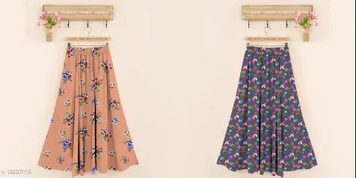 Rayon printed net western skirt, fashionable latest women's skirt from India (free size, waist 34in, length 40in)