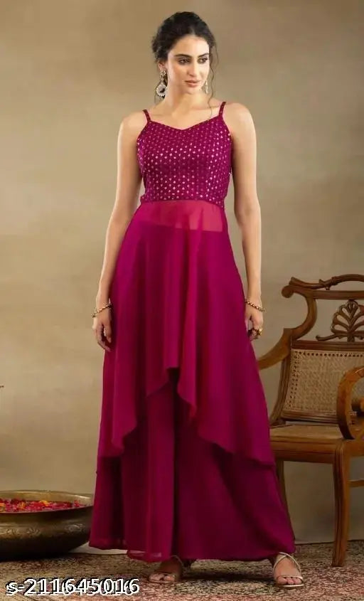 Georgette embroidery sequin work kurta set with palazzos, solid net pattern, sleeveless, India