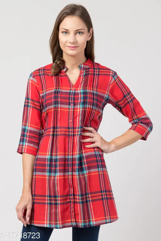 Red checkered cotton tunic for women, three-quarter sleeves, printed net pattern, size XS (32in bust, 33in length), made in India