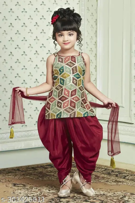 Art Silk kids printed dhoti kurta and dupatta, traditional Indian attire for boys with straight shape and above knee length. Available in sizes: 2-3 Years, 3-4 Years, 4-5 Years, 5-6 Years, 6-7 Years, 7-8 Years, 8-9 Years, 9-10 Years. Made in India