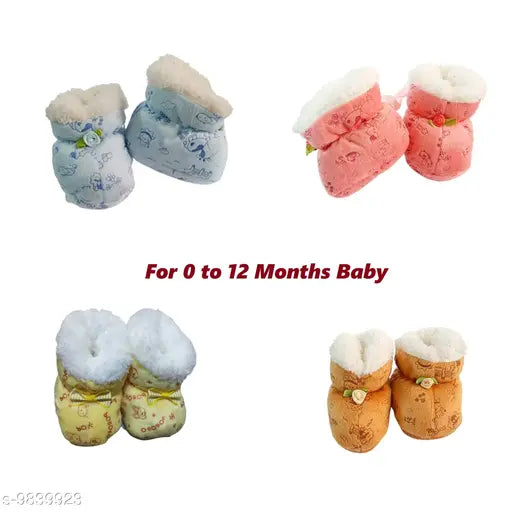 Multicolor PinKit unisex baby booties, fur sole and rubber material, 4-pack for 0 to 12 months on display
