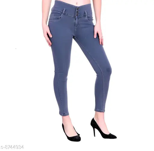 Grey denim lycra jeans with applique net, high rise and slim fit, stretchable ankle length - M MODDY, size 36 or 38 (India origin)