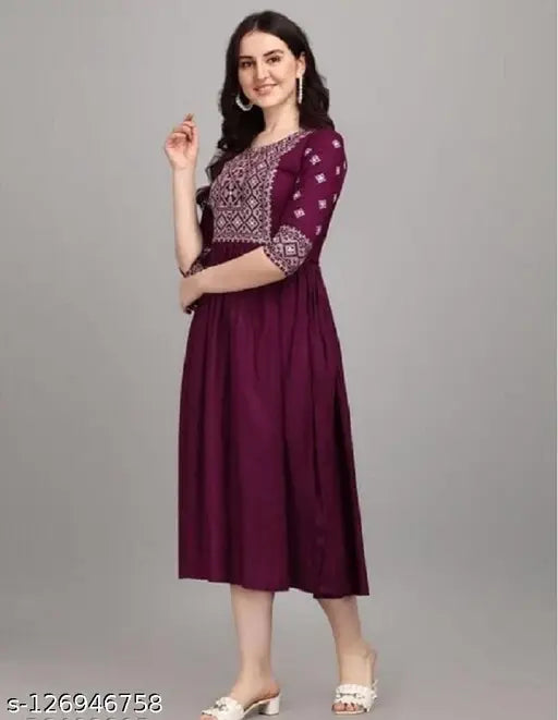 Purple embroidered rayon kurti with three-quarter sleeves, India-made traditional women's fashion for events and parties
