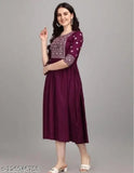 Purple embroidered rayon kurti with three-quarter sleeves, India-made traditional women's fashion for events and parties