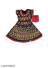 Embellished cotton lehenga, choli & dupatta set for girls (0-6M, 6-12M, etc). Traditional garba dance costume. Indian mirror work, ready to wear