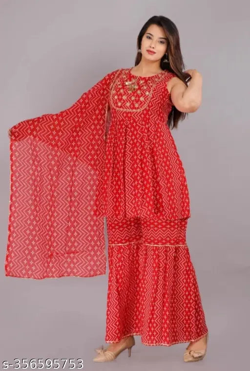 Red rayon print Anarkali kurta sharara set with dupatta, sleeveless, monsoon special