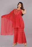 Red rayon print Anarkali kurta sharara set with dupatta, sleeveless, monsoon special