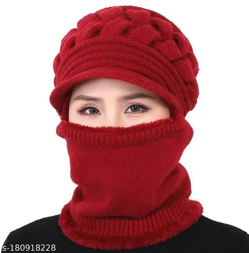 Soft wool and fur winter beanie cap with neck warmer, perfect for ladies, adults, and teenagers. Warm and durable, ideal for outdoor activities. Made in India