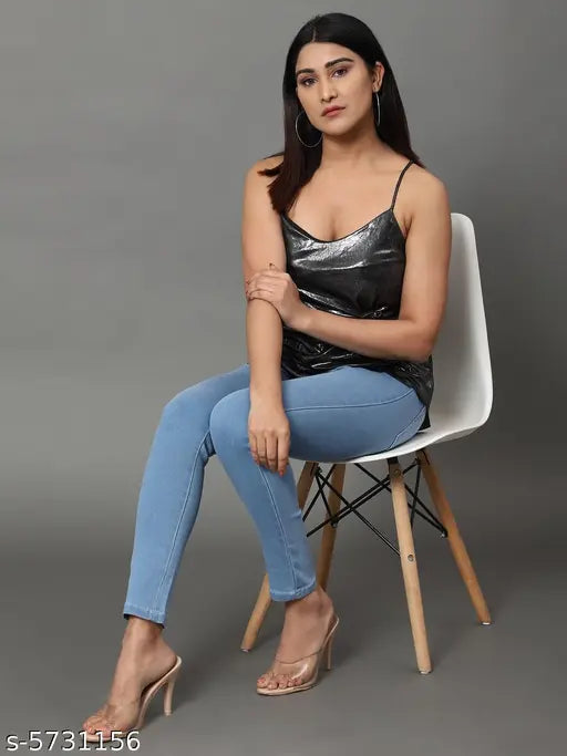 Skyblue denim skinny fit jeggings with high waist elastic closer, solid color and ankle length for women (size 28, 30, 32, 36). Made in India