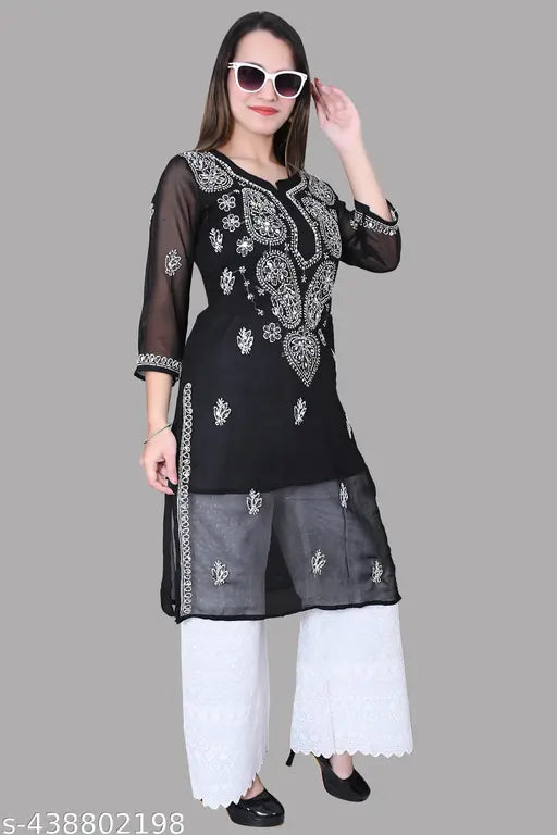 Embroidered Georgette Lakhnavi Chikankari kurti and cotton plazo set, full embroidery and free inner for women, three-quarter sleeves