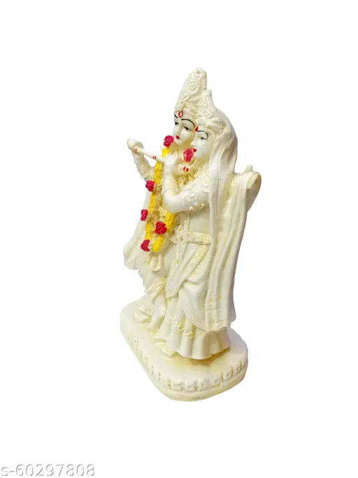 Cream resin Lord Radha Krishna Love Couple Statue, intricately crafted with detailed handwork, 8" tall for home or office display