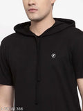 Men's black short sleeve solid cotton hooded t-shirt, high quality round neck with short sleeves, made in India