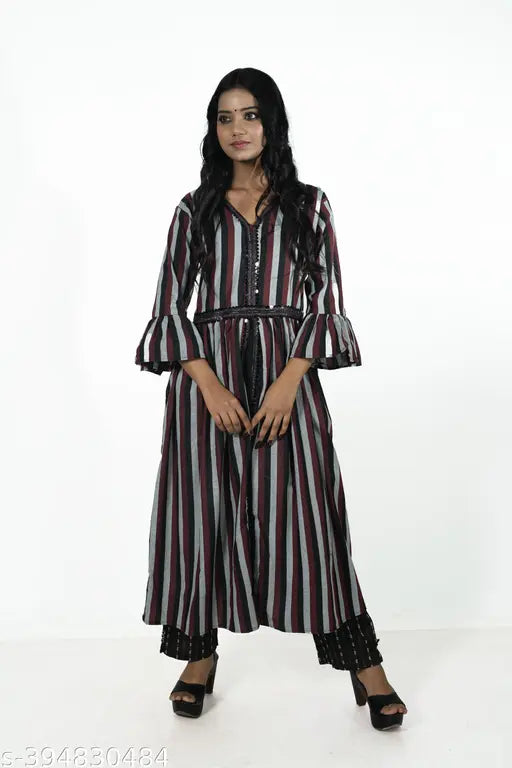 Striped Cotton Blend Anarkali Kurta with coordinated pant, versatile for casual or cultural events