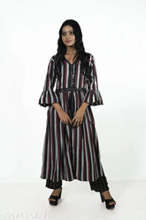 Striped Cotton Blend Anarkali Kurta with coordinated pant, versatile for casual or cultural events