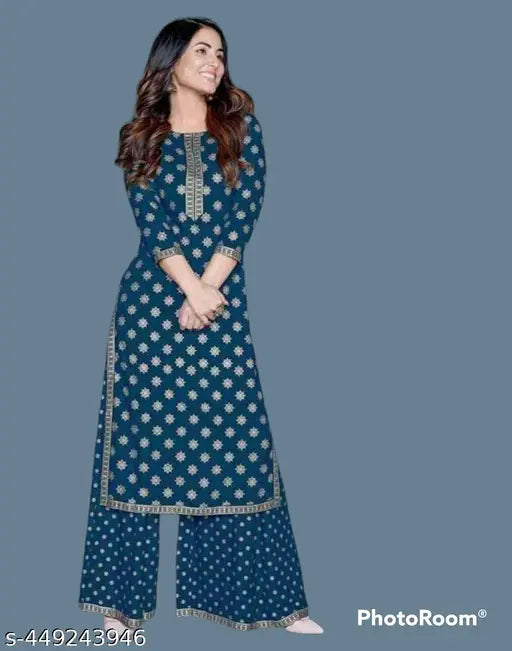 Aqua Blue Rayon Women's Floral Round Neck Kurti & Kurtas Set, three-quarter sleeves, Zari woven, couples set from India