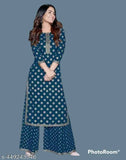 Aqua Blue Rayon Women's Floral Round Neck Kurti & Kurtas Set, three-quarter sleeves, Zari woven, couples set from India