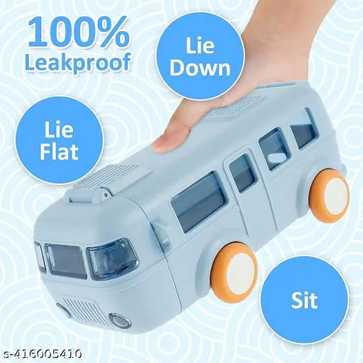 Blue Bus Shape Water Bottle with Removable Wheels - Leak-proof, BPA-free, Kids Toy for School or Home (500ml)