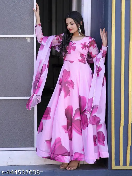 Silk pink gown with dupatta set, long-sleeved printed dress, Indian bridal wear