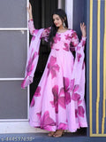 Silk pink gown with dupatta set, long-sleeved printed dress, Indian bridal wear