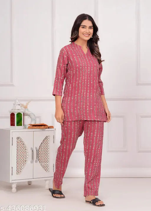 Women's printed rayon night suit set, colorful pattern for comfortable sleepwear