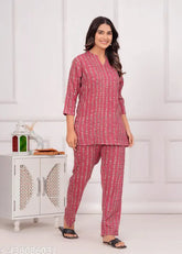 Women's printed rayon night suit set, three-quarter sleeves, India-made pyjama set with vibrant patterns