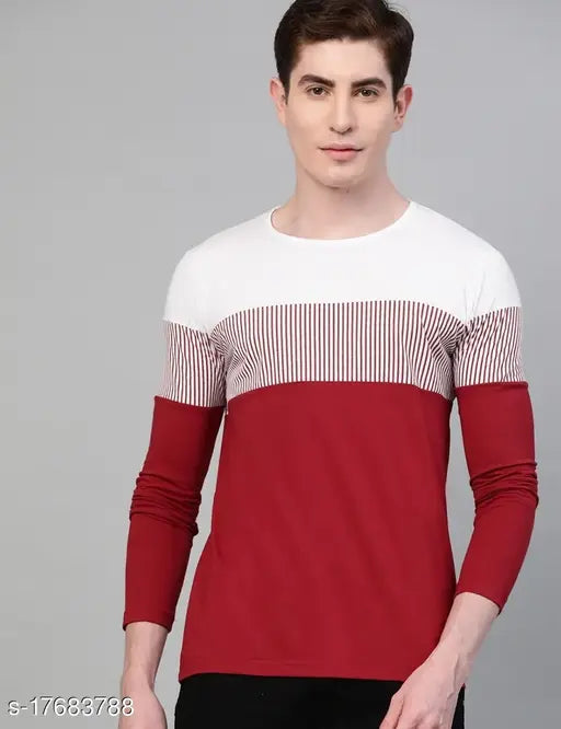 Multi-colored cotton round neck t-shirt for men, colorblocked design with long sleeves
