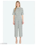 White printed half-sleeves crepe jumpsuit by Avyanna Stylis on mannequin