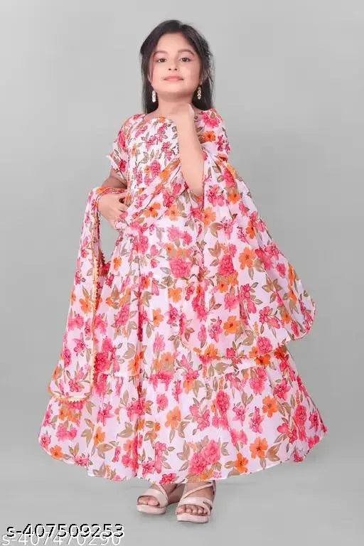 Printed net short sleeve gown for girls aged 9-15, featuring super net fabric and vibrant design. Made in India