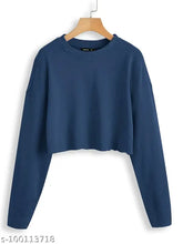 Women's full sleeve cotton crop t-shirt, solid color, available in multiple sizes from XS to XXXL, on mannequin