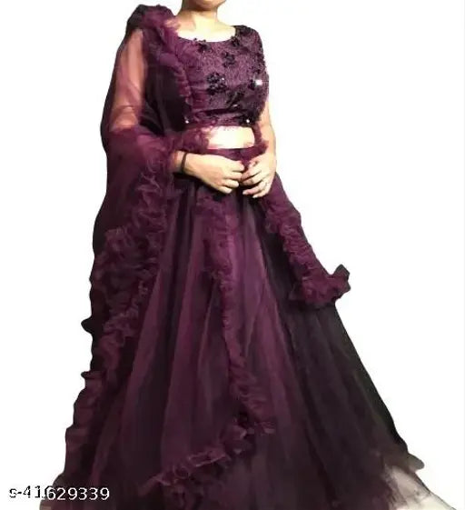 Wine-colored jute silk lehenga choli (chaniya choli) with ruffled net, semi-stitched free size, 38" waist, 42" length. Indian partywear fashion