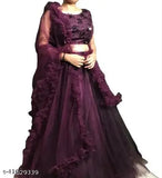 Wine-colored jute silk lehenga choli (chaniya choli) with ruffled net, semi-stitched free size, 38" waist, 42" length. Indian partywear fashion