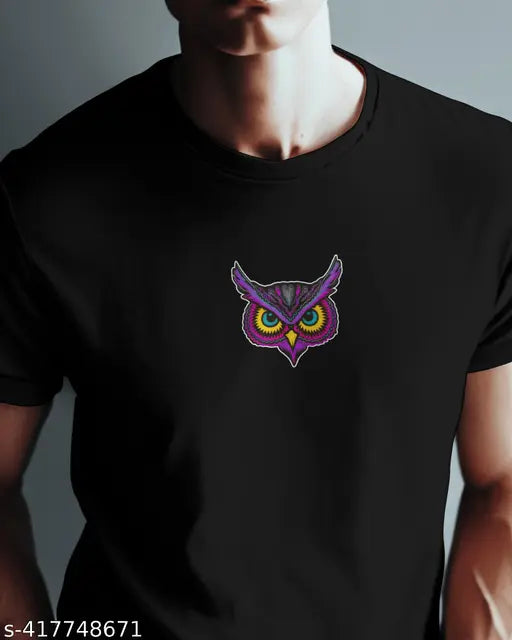 Men's black cotton t-shirt with owl print front/back, premium print & fabric. Durable, odorless, anti-fade, lightweight, versatile men's/boys t-shirt, India origin