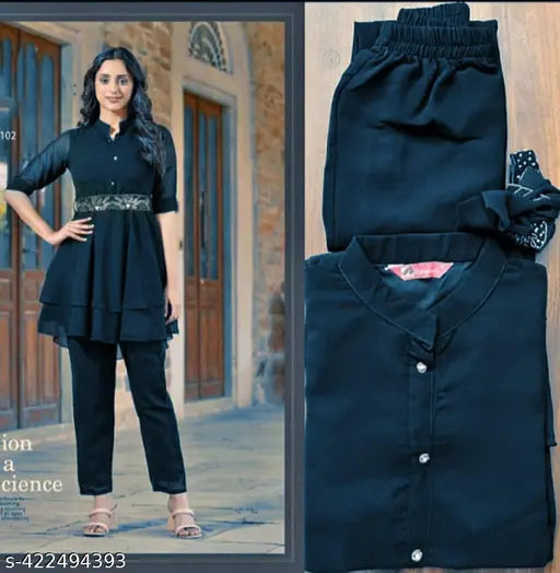 Trendy Western Georgette top-bottom set, long sleeves palazzos kurta for women, solid color, India origin