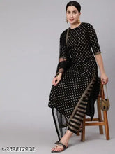 Embellished black kurta set with dupatta and bottomwear, cotton blend and rayon fabric, pretty women's outfit, India-made