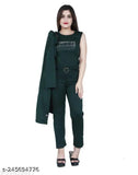 Latest cotton blend 3-piece women's jumpsuit with printed net, 3/4 sleeves, includes top and shrug. Made with beads and stones, machine washable." (106 characters)