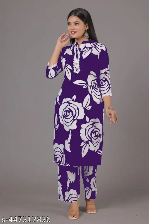 Purple Maharani print rayon kurta pant set, latest Indian fashion for women