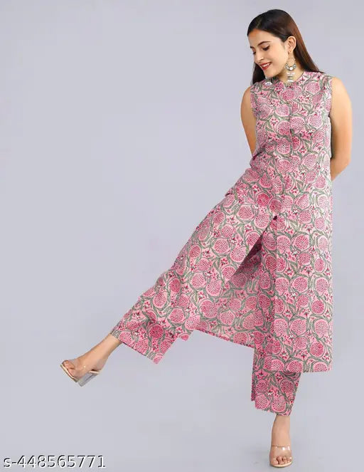 Cotton pink set with printed net sleeveless kurta and pants, single size S-XXL, Indian fashion