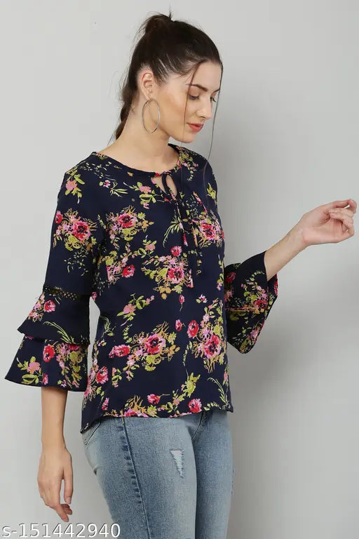 Trendy navy crepe top with printed floral design, three-quarter sleeves, and layered style for women's fashion, India origin