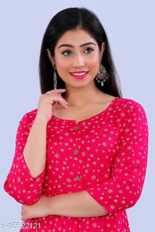 Demirner pink rayon anarkali, three-quarter sleeves, printed combo, Indian traditional wear M (50in), L (50in)