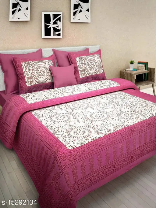 Double bed Jaipuri cotton combo sheets, 4 pillow covers, 160 thread count, Queen size, India origin