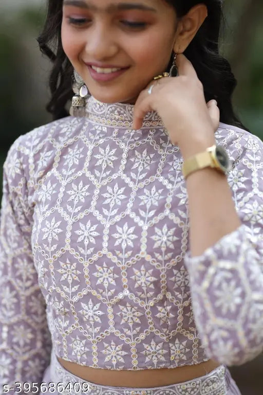 Embroidered lavender cotton lehenga choli, intricate sequence work, special occasion wear, elegant Indian fashion