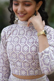 Embroidered lavender cotton lehenga choli, intricate sequence work, special occasion wear, elegant Indian fashion