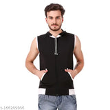 Black cotton blend sleeveless solid hood t-shirt for men by ELABOT, made in India