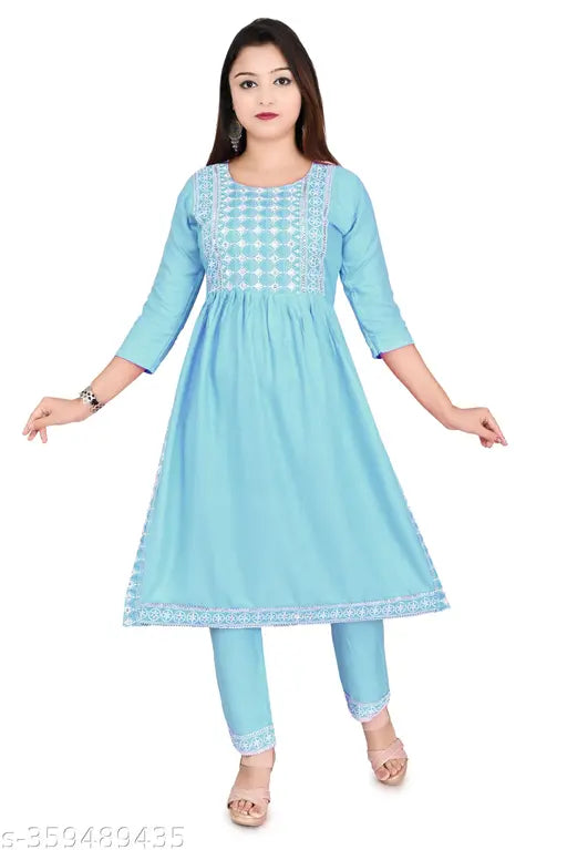 Sky Blue Rayon Nayra Cut Kurta Set with Solid Print, Three-Quarter Sleeves, Paijama Style Bottoms