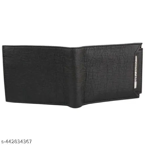 Black faux leather men's casual card holder wallet, textured net pattern, 2 compartments, free size