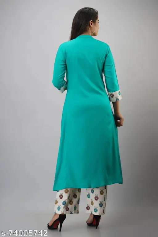 Mauka women's rayon a-line kurta and cotton palazzo set, solid color, three-quarter sleeves, India-made fashion