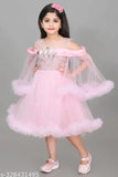 Pink net hanging sleeve knee-length dress for girls, embellished pattern on lightweight fabric