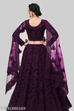 Embroidered net lehenga set for women, semi-stitched with 42m waist and 44m length, adorned in Indian craftsmanship