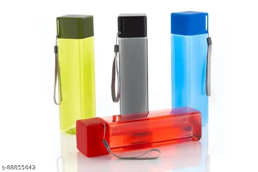 Unique square shape, colorful 4-pack water bottles (1000ml each), BPA-free, leak-proof, easy to carry, India-made