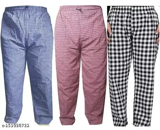 Cotton checked pajamas set for men and women (3 pack), India-made with 2-side pockets
